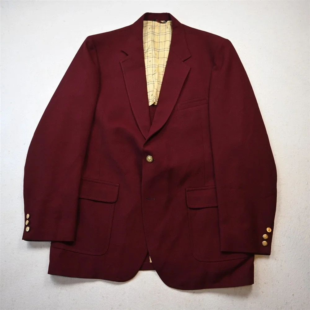 Vtg USA Made 46L‎ Dark Red Gold Button Mens Blazer Suit Jacket Sport Coat